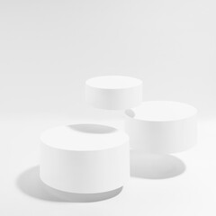 Three white round podiums in hard light levitate, set, mockup on white background. Template for presentation cosmetic products, gifts, goods, advertising, design, display, showing in modern style.