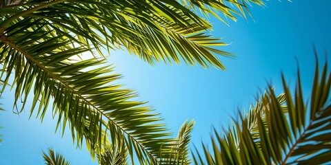 Tranquil tropical palm leaves against a vibrant blue sky. summer vibes and nature's beauty captured in daylight. perfect for travel and leisure themes. AI