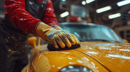 Close-up of a man using a self-service car wash facility to clean his yellow car with micro fiber cloth, Generative AI. - obrazy, fototapety, plakaty