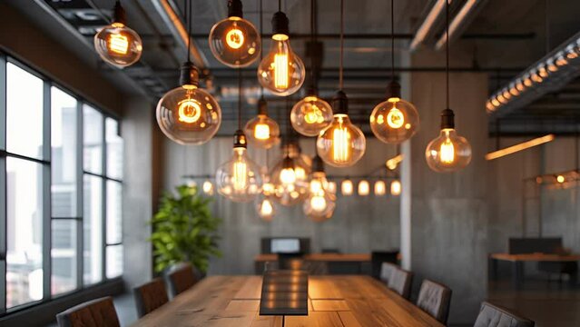Dramatic and industrial exposed bulb pendants hang above a long table creating a bold and unique lighting feature in this trendy office.