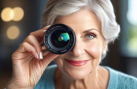 woman with camera. A beautiful European woman of 60 years old holds a lens in her hand. A lens instead of an eye. Parkinson's Awareness Month