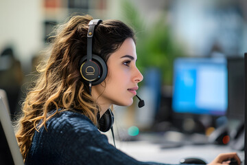カスタマーサービスやコールセンターで働く女性がヘッドフォンをして電話で話しながら仕事をしている