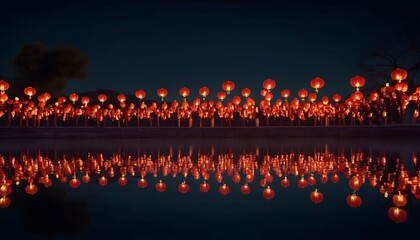 Fototapeta na wymiar Chinese new year lanterns lined up over water