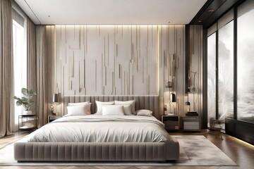3D rendering of Modern luxury bedroom and mock up style interior design and wall texture background