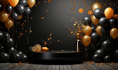 Abstract 3D black  podium background with floating black and golden balloon scene
