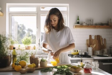 40 year old mid-aged woman cooking Mediterranean food using seasonings and spices in an all white classic kitchen