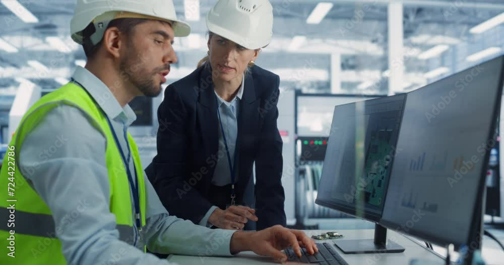 Poster Caucasian Female Manager And Male Industrial Engineer Using Desktop Computer With Microchip Prototype at Automated Electronics Factory. Diverse Colleagues Discussing Production Of High-Tech Devices.