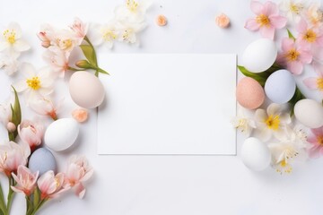 Fototapeta na wymiar Colorful easter eggs and beautiful flower arranged and isolated on white background. Happy easter day background concept.