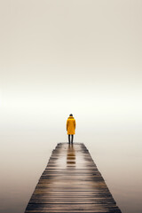 Person alleine auf dem Steg am See im Nebel - obrazy, fototapety, plakaty