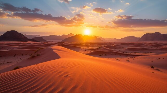 The sun is set over a desert with sand dunes and mountains with a few clouds in the sky.
