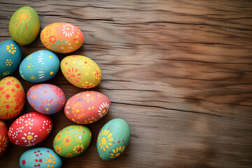 Naklejka na ściany i meble painted Easter eggs, rich in colors, placed on a rustic wooden floor
