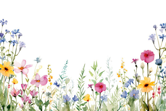 Watercolor Wildflowers Seamless Border  Summer Floral Frame for Greeting Cards and Invitations