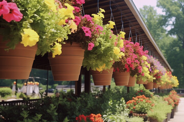 Outdoor flower market. Variety of flowers in flower pots. Gardening, Springtime concept