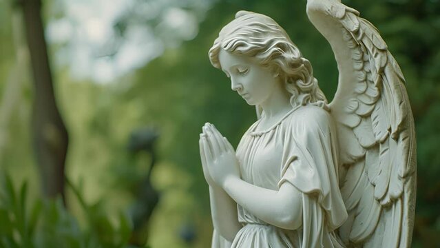 A solemn angel stands vigilant her hands clasped in prayer as she watches over a sleeping child.