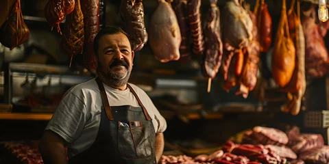 Fotobehang Proud butcher in his shop surrounded by quality meats. artisanal charcuterie display. local business and craftsmanship concept. AI © Irina Ukrainets