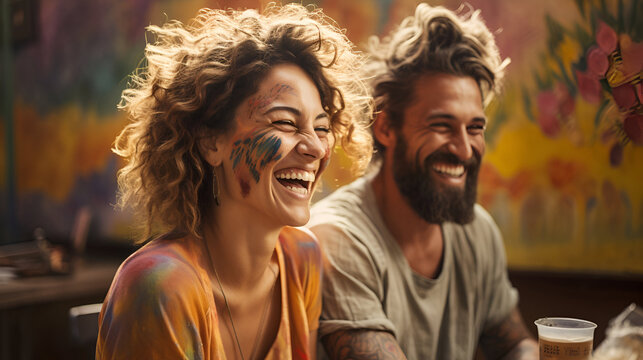 overjoyed adult couple having fun outdoors. High quality photo, Happy couple with confetti falling from above
