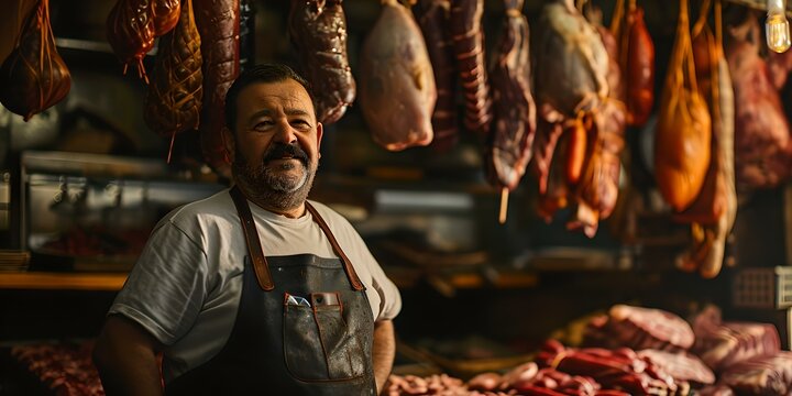 Proud butcher in his shop surrounded by quality meats. artisanal charcuterie display. local business and craftsmanship concept. AI