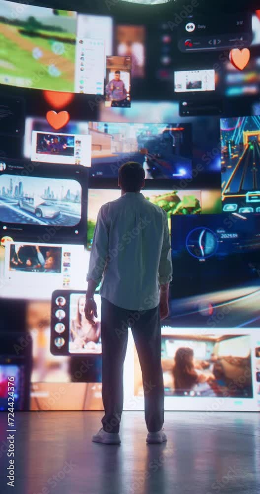 Poster Vertical Screen: Back View Of Caucasian Man In 3D Cyberspace With Animated Social Media Interfaces, Online Games, Videos, Internet Content. Visualization Of Male Enthusiast Surfing Computer Network.