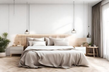 Fototapeta na wymiar Interior of light bedroom with comfortable double bed and white pillows