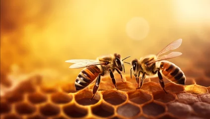Fotobehang Close up view of honey bee on the honeycomb or bee hive. © dwiadi14