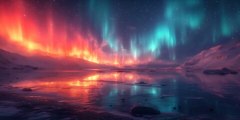 Vivid aurora borealis over icy landscape. enchanting natural light display. a perfect scenic backdrop for creative projects. AI