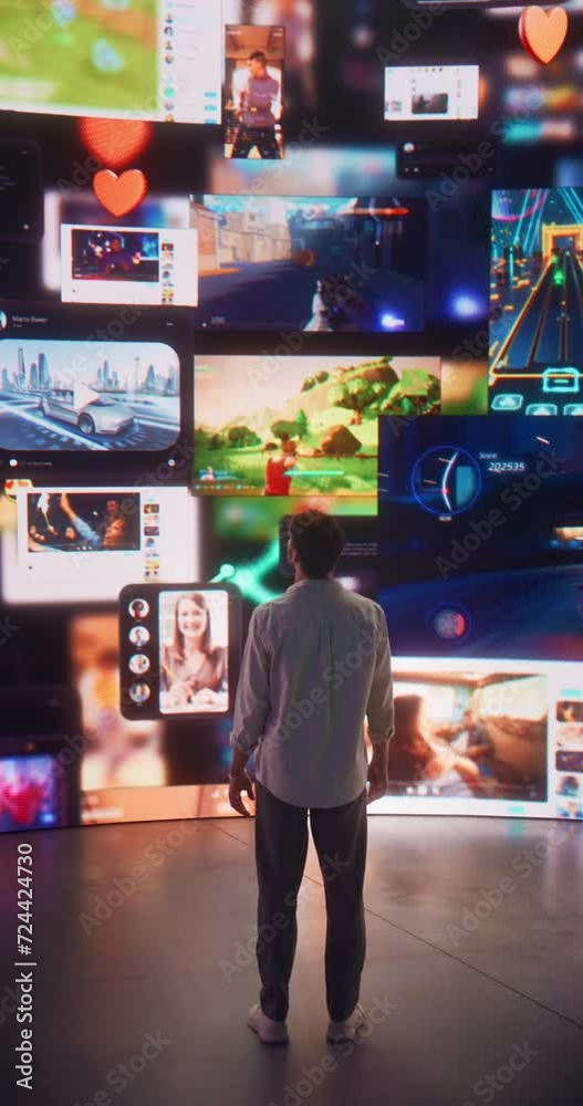 Poster Vertical Screen: Backview Of Caucasian Man Enjoying Animated Stream Of Online Interfaces With Social Media, Fintech Services, Shopping, Internet Influencers And Games. Visualization Of Web Network.