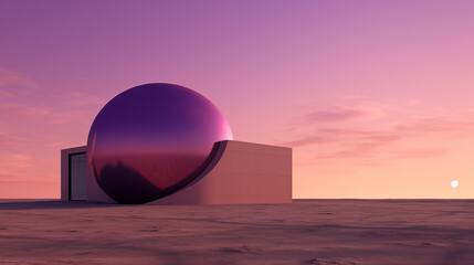 a ball sitting next to a small building at sunrise, the style of color field minimalism