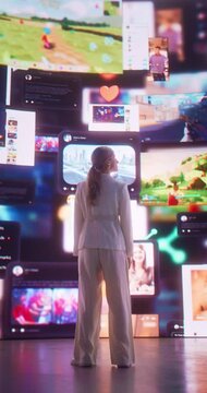 Vertical Screen: Backview Of Caucasian Woman Entering 3D Cyberspace With Animated Social Media Interfaces, Online Games, Videos, Internet Content. Visualization Of Female Surfing Computer Network.