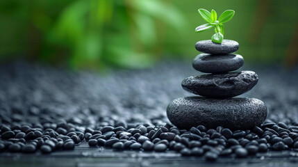 en basalt stones and green plant on black background, nature concept