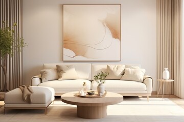 Fototapeta na wymiar Modern minimalist living room with beige sofa and pillow and japanese style poster hanging on the wall. Living room home interior design.