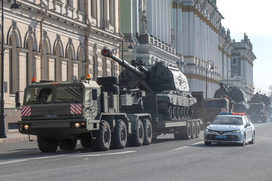 SAINT PETERSBURG, RUSSIA - APRIL 28, 2022: Transportation of Msta-S self-propelled artillery mounts. Preparation of a military parade in honor of the Victory Day