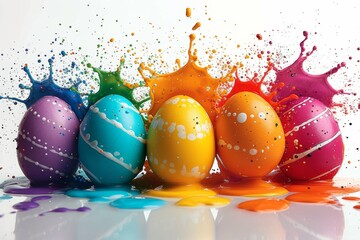 Colorful Paint Splattered Easter Eggs on White.
