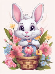 Easter bunny with basket of flowers and eggs. Vector illustration.