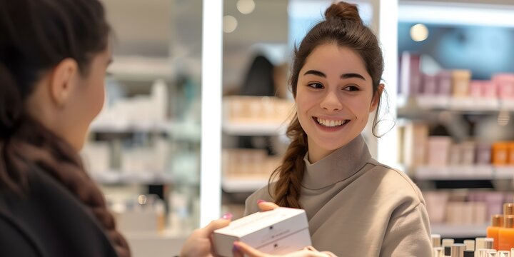 Friendly sales associate offering product in modern retail store. warm customer service in a cosmetics shop. joyful shopping experience. AI