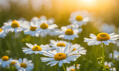 Sunny spring field: Vibrant camomile flowers under the sun