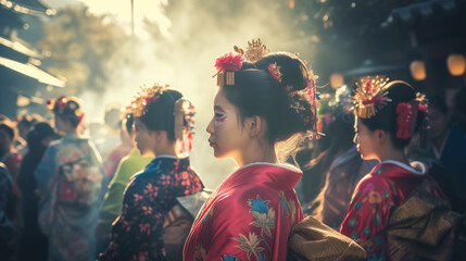 Elegant Geisha in Red Kimono Admiring a Festival