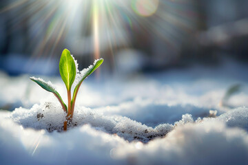 Close up of young green sprout emerging from snowy frozen ground in sunlight. Season concept of winter and spring. - obrazy, fototapety, plakaty