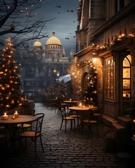 Street cafe with christmas lights and Santa Maria della Salute church in the background