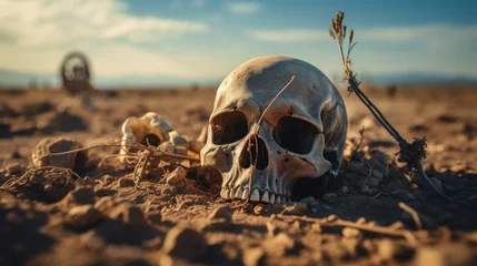 Foto op Canvas Human skull on Land with dry and cracked ground. Desert. Global warming background © Ruslan Gilmanshin