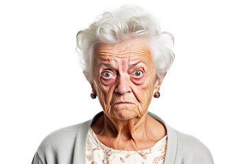 Elderly woman grandmother screams in angry anger, aggressively disappointed, white background isolate.
