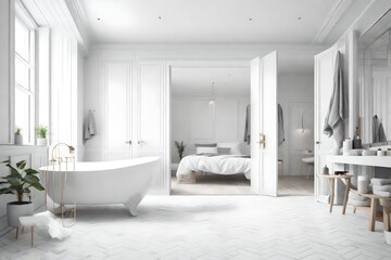 Fototapeta na wymiar Minimalist scandinavian white and gray bathroom with bedroom in the background, classic interior design, 3d illustration