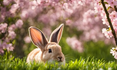 Fototapeta premium Easter enchantment: Rabbit in a spring blossom field