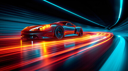 Obraz premium Racing sports car on neon highway. Powerful acceleration of a supercar on a night track with colorful lights and tracks. Blur at high speed. The light trail from the headlights.
