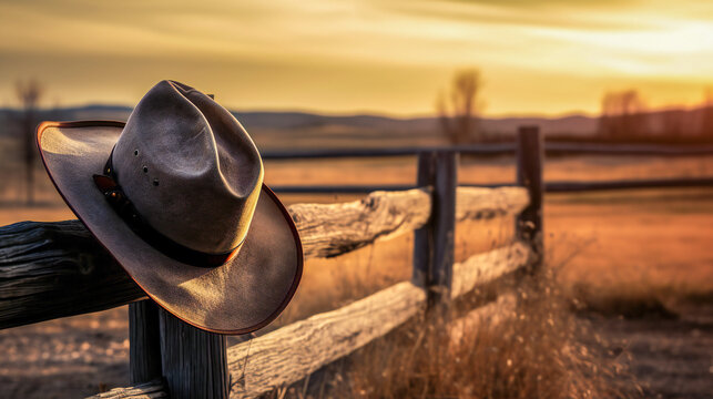 A cowboy hat hanging on an old wooden fence