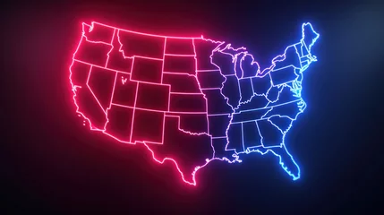 Photo sur Plexiglas Bordeaux Political Divide: USA Map in Neon Lights Illustrating Bipartisanship. The contrasting red and blue neon outlines of the United States map symbolize the nation's political landscape and the concept of 