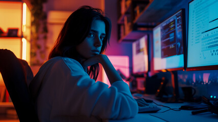 Poster concept with tired data analyst in front of computer monitors, problems of burnout and procrastination in the IT industry