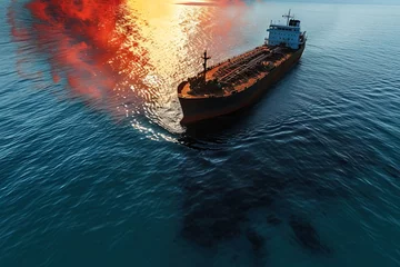 Tuinposter Ecological disaster, oil spill in ocean near tanker, top view. Commercial delivery. AI generated. © Serhii