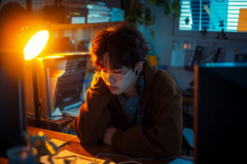 Fototapeta na wymiar Portrait of a tired young programmer leaning thoughtfully over his desk, problems of burnout and fatigue in the IT industry, irregular work schedule, conceptual space