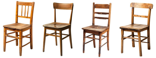 Collection of old, wooden chairs isolated on transparent background.