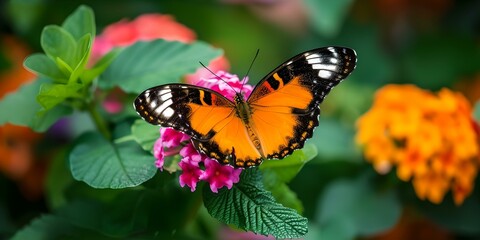 Obraz premium Vibrant orange butterfly perched on pink flowers, natural outdoor setting. perfect for nature and wildlife themes. AI